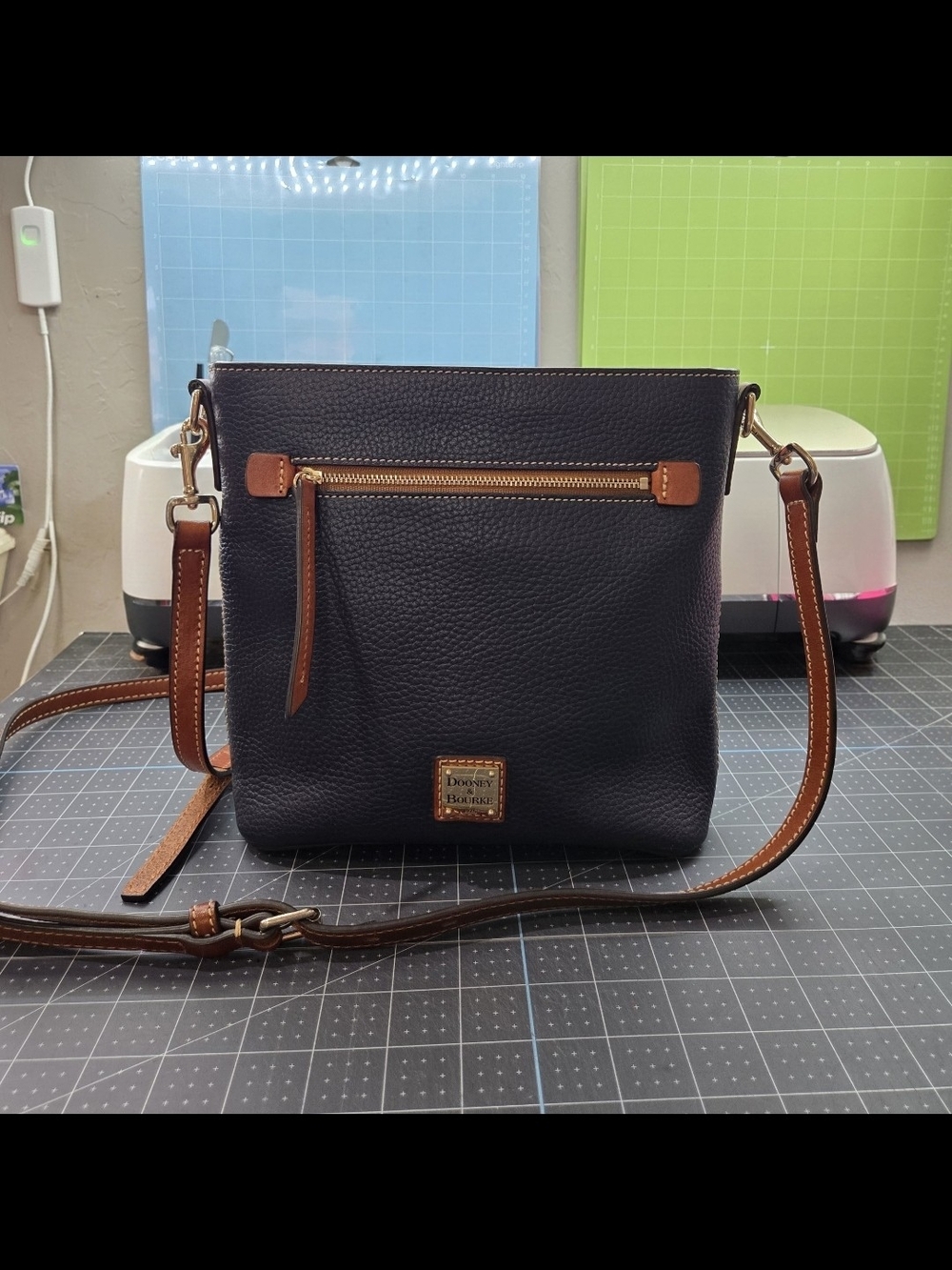 Dooney & Bourke Navy Pebbled Leather Crossbody Bag with Brown Trim